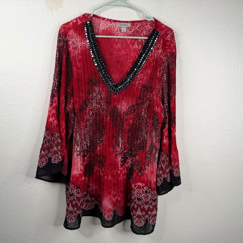 Dress Barn Women's Top Red Sz 3X Pleated Semi Sheer Bling Paisley Fairy Grunge